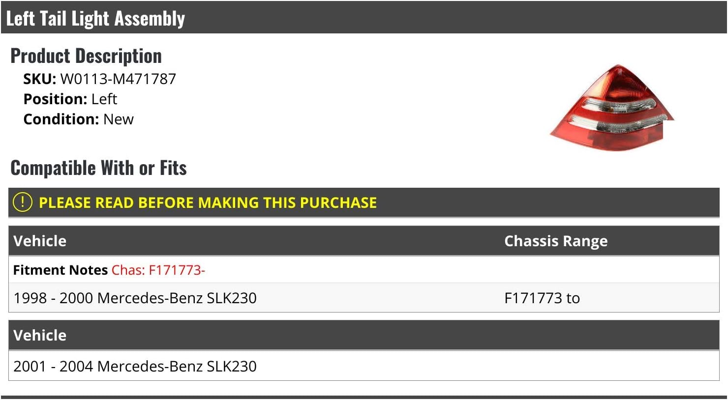 Left Driver Side Tail Light Assembly - Compatible with 1998-2004 Mercedes Benz SLK230