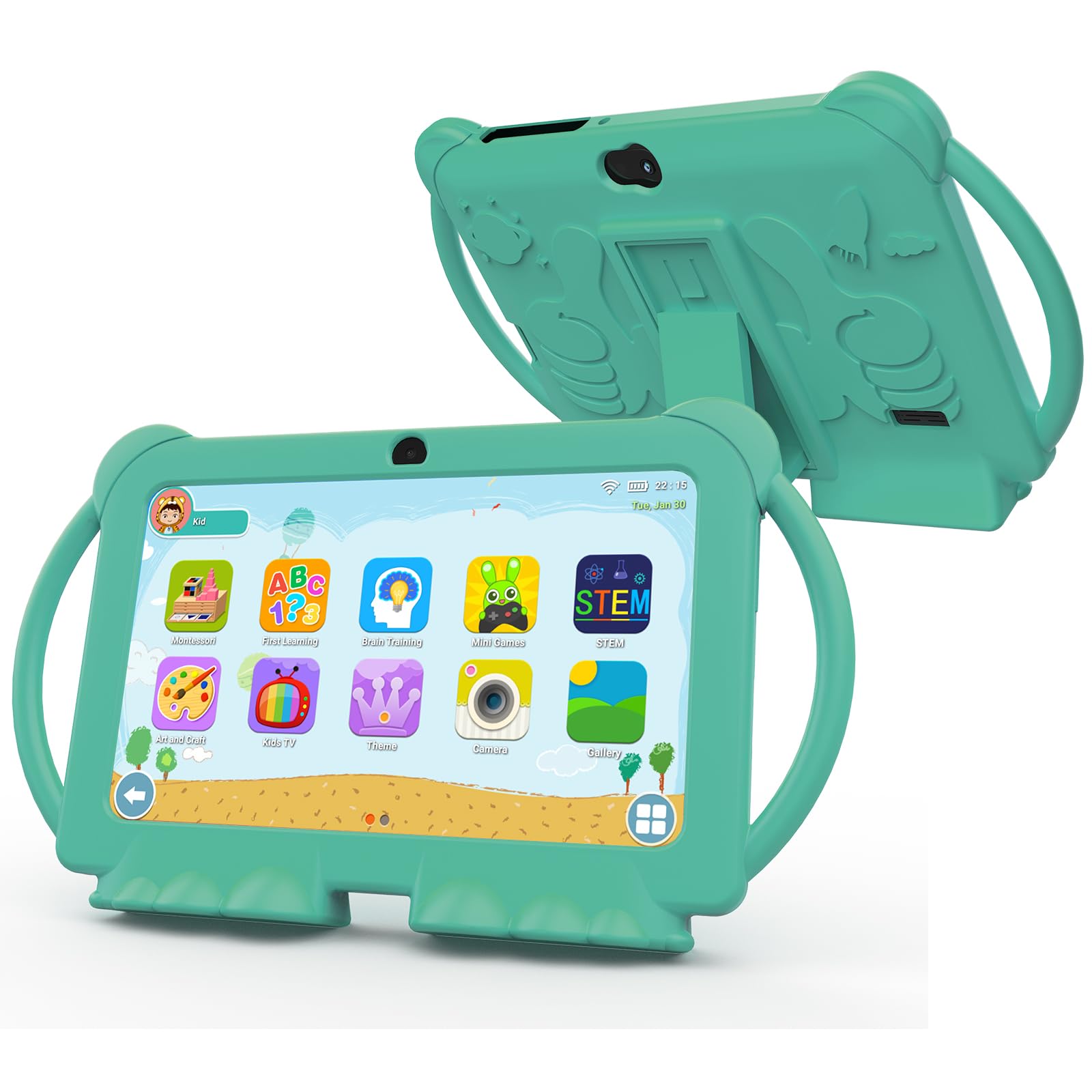 ATOZEE NV-Q8K-25-NEW Tablet da 7 Pollici per Bambini, 4 GB + 32 GB, Android 12, Verde, Wi-Fi 6, Doppia Fotocamera