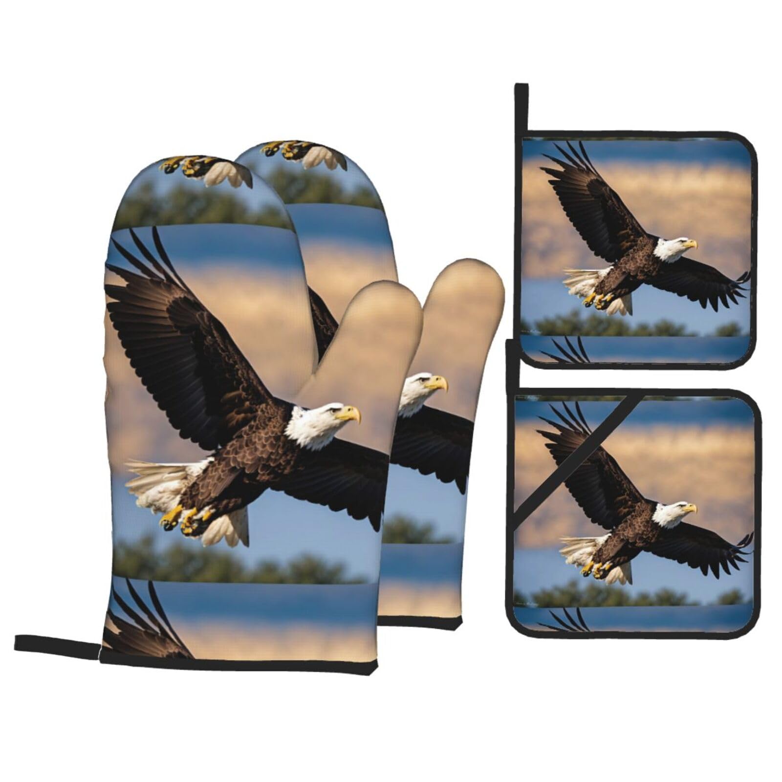Flying Eagle Print Kitchen Oven Mitts And Pot Holders Set,Hanging Loop Design For Cooking Baking Bbq