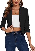 MINTLIMIT Womens Cropped Blazer Collarless Suits & Blazers Open Front Jackets 3/4 Ruched Sleeves Outerwear Half Linen Cardigan