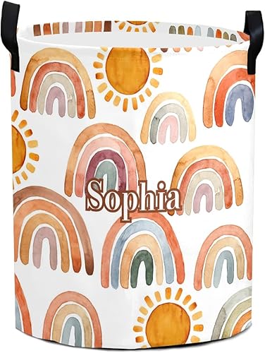 WOWPersonalTailor Canasta de lavandería Rainbow Sun con nombre personalizado plegable impermeable para almacenamiento de ropa decoración de