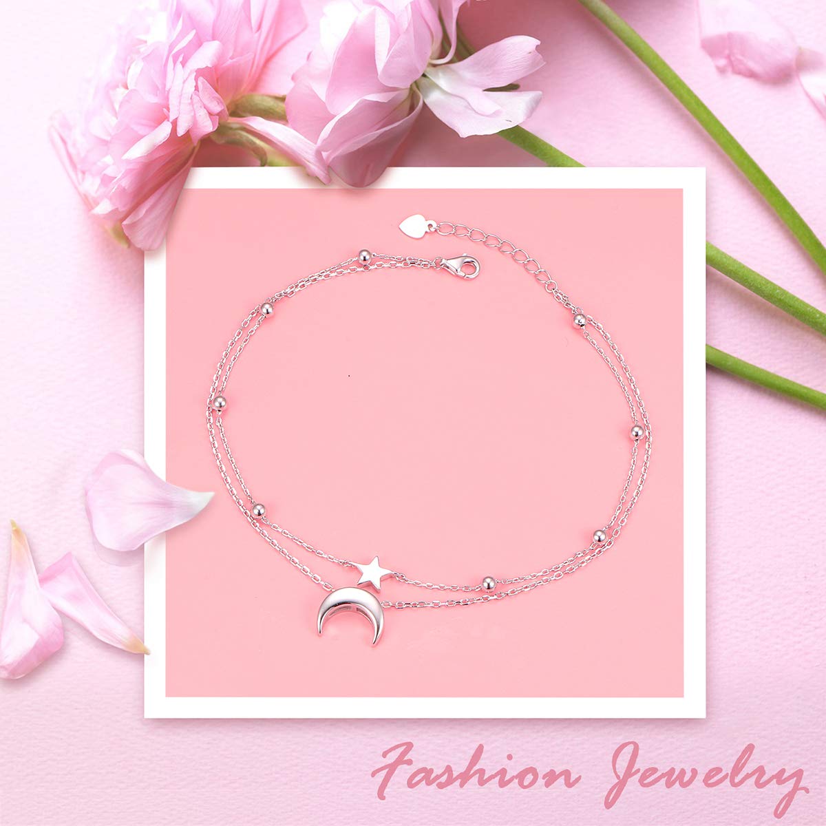 Cavigliera da donna in argento Sterling, girasole, tartarughe, ancora e luna, spiaggia, doppio strato con perle, regalo boho regolabile per ragazze, 9+1 inch, Argento sterling