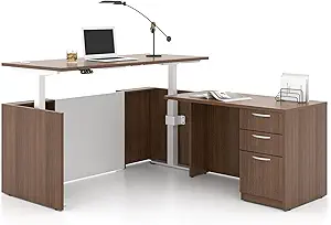 L-Shaped Executive Office Standing Desk with Pre-Assembled Frame & Lockable File Cabinet, Dual Motor Height Adjustable Electric Sit Stand Desk, Programmable Controller, Walnut/White
