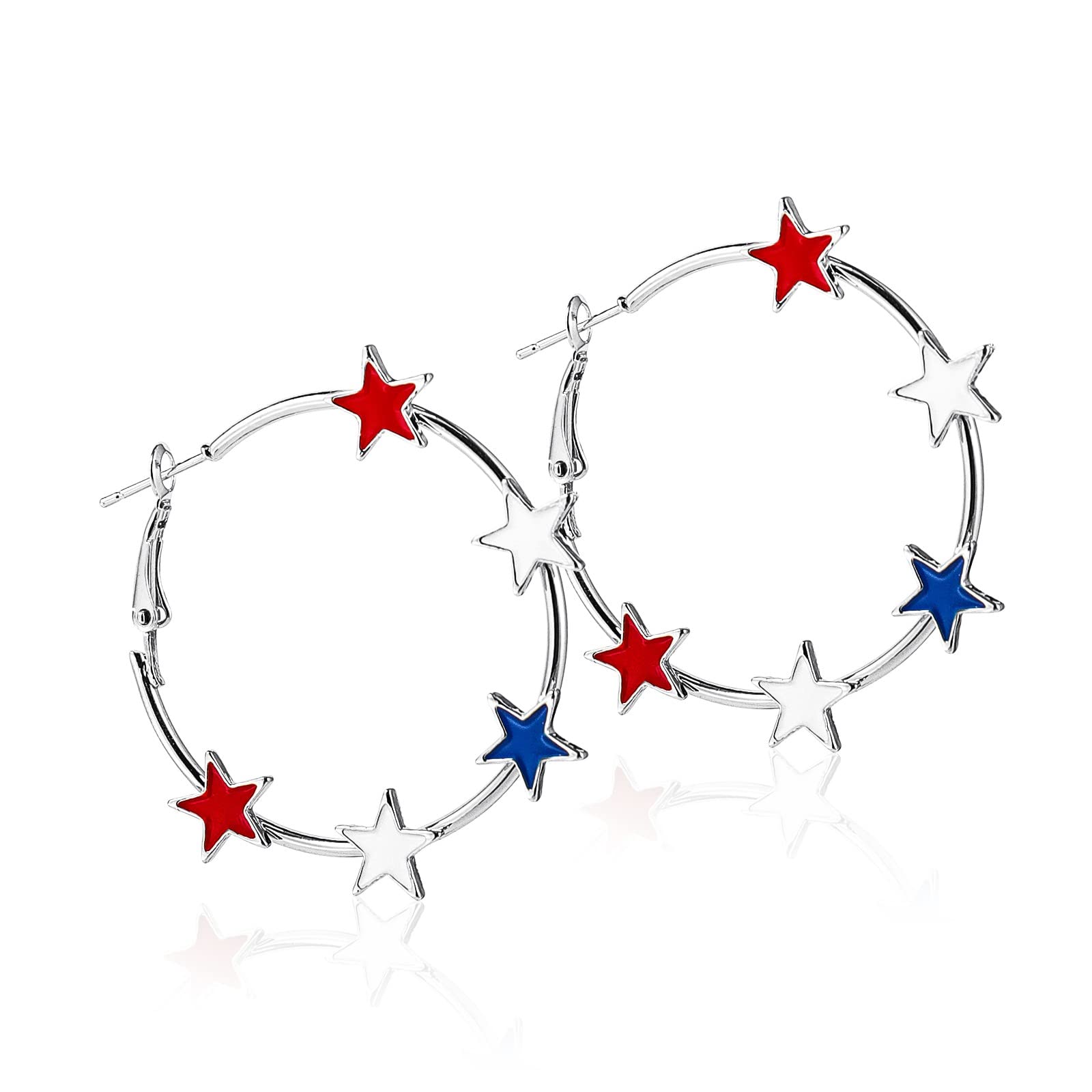 Pingyongchang Red White Blue Star Hoop Earrings 4th of July Earrings for Women Independent Day Circle Earrings American Flag Patriotic Earrings