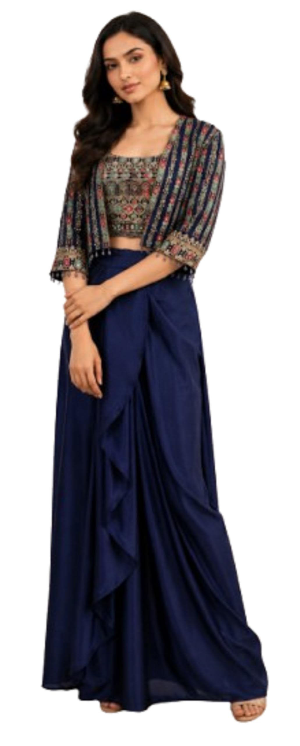 Lehenga choli indowestern dhoti set for women with banglory silk blouse crepe silk dhoti chinon shrug sequins embroidery three piece outfit-picture-29