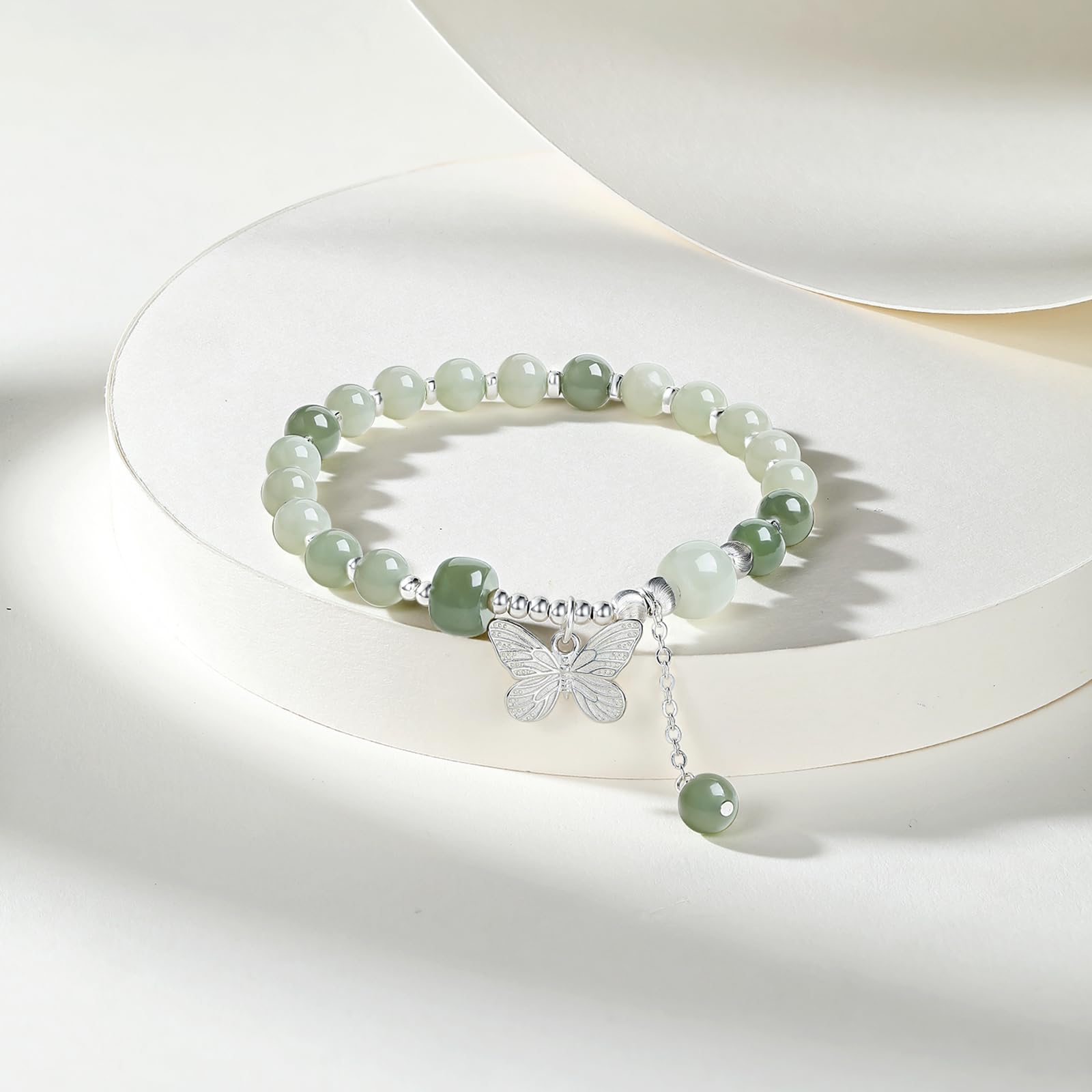 Pulseras de Cuentas de Plata esterlina para Mujeres S925 Silver Green Gemstone Bead Butterfly Pulsera estirle de Mariposa Mom cumpleaños