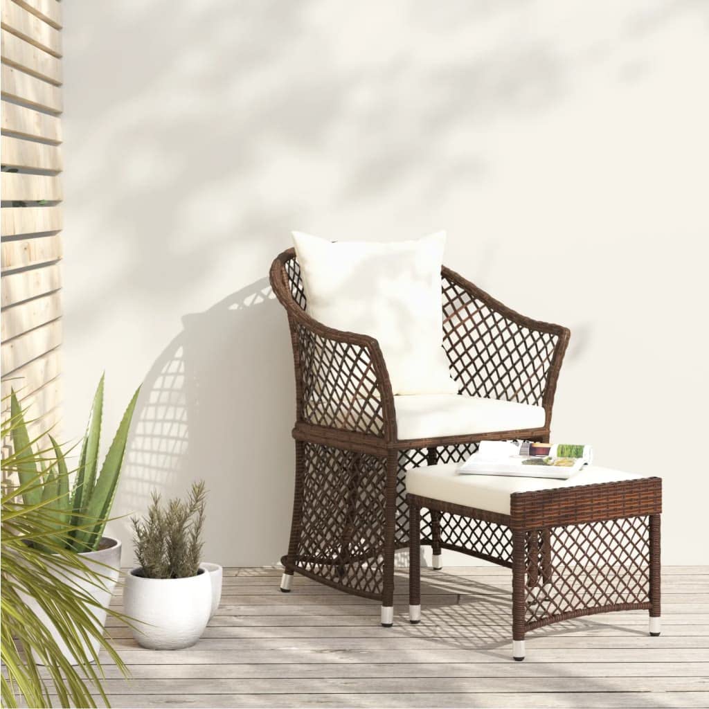 Set da Giardino 2 Pz in Polyrattan Marrone con Cuscini | Poltrona da esterno con poggiapiedi e cuscini per relax in terrazzo o patio. Struttura robusta in acciaio e PE rattan.