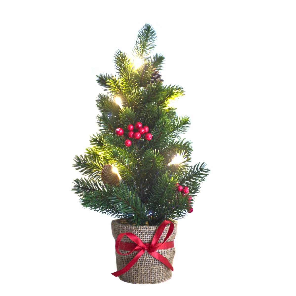 GreenBrokers Artificial Mini Pine Christmas Tree with LED Lights in Pot 43cm/17in Green