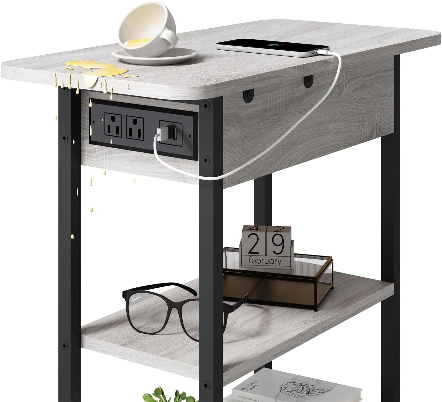LIDYUK End Table with Charging Station, Flip Top Side Table with USB Ports and Outlets, Nightstand for Small Spaces, Bedside Tables with Storage Shelf for Living Room, Bedroom, Light Grey