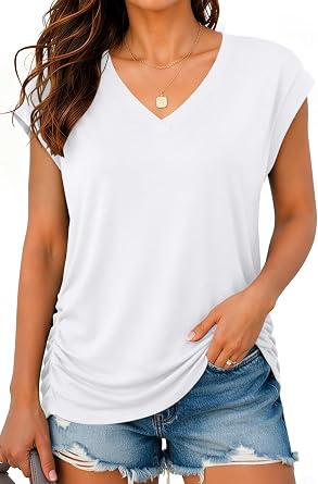 Bliwov Womens Summer Tops Cap Sleeve V Neck T Shirts Fashion Business Casual Blouses Trendy Outfits Beach Vacation Clothes White