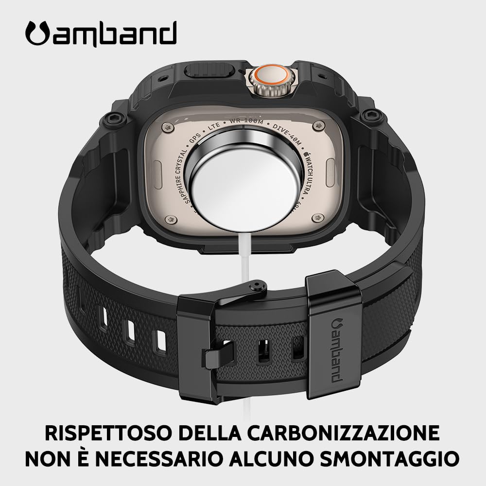 amBand Cinturino Custodia Protezione Schermo Compatibile con Apple Watch Ultra 2/1 49mm, M1 Sport Serie Rugged Cover e 2 Pack Pellicola Vetro Temperato, Protettivo Militare per iWatch 49mm Uomo Nero