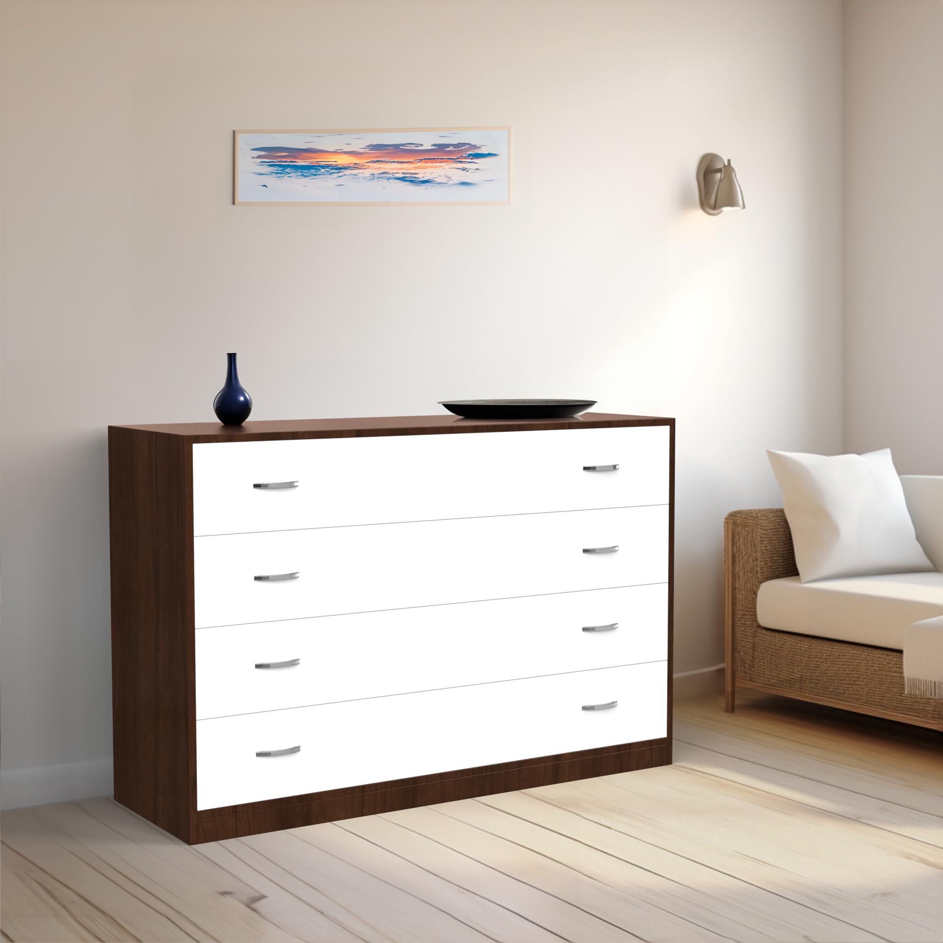 NEEHV HOME Wooden Bliss Chest with 4 Drawers 4' for Living Room | Bed Room | Durable(Brazilian Walnut and Frosty White, 40.5 X 122 X 81.2)-image-5