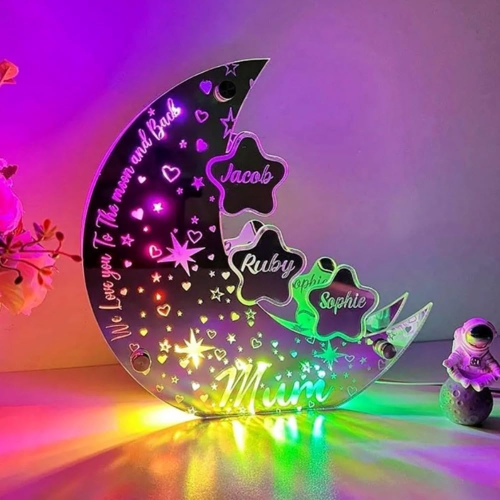 HDLOVE Custom Names LED Night Light, Personalized Night Lamp with Moon & Star, Moms Night Light, Kids Name Nights, Gifts Night Light for Mum Birthday, Bedroom Lamp(12 Colours)