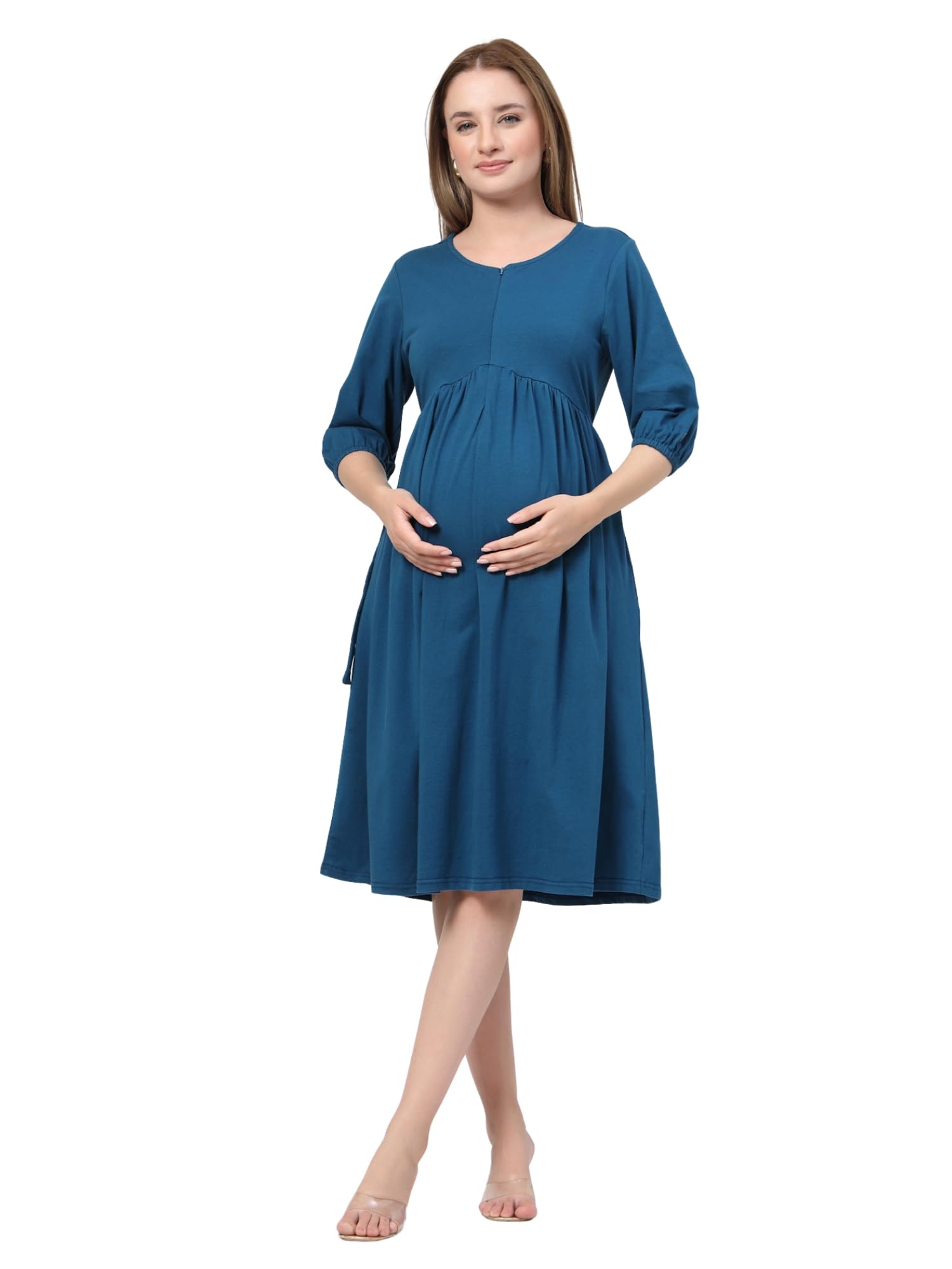 ZELENA Cotton Stretch Maternity & Nursing Dress | Knee-Length Feeding Dress with Concealed Zips & Side Pocket | Pregnancy & Postpartum Friendly-image-33