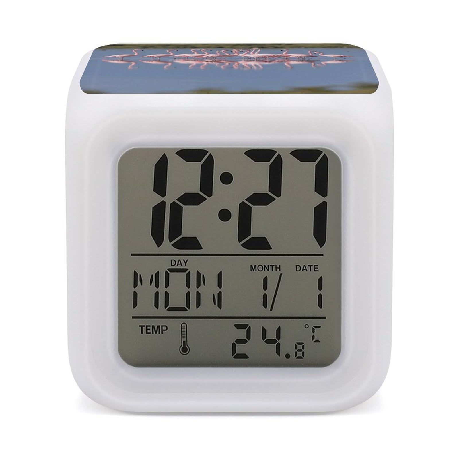 VstaDank A Flock of Flamingos Alarm Clock with Date Temperature Large LED Display Number Clocks with 7 Colors Changing Desk Clock Battery Operated Digital Clocks with Date for Heavy Sleepers