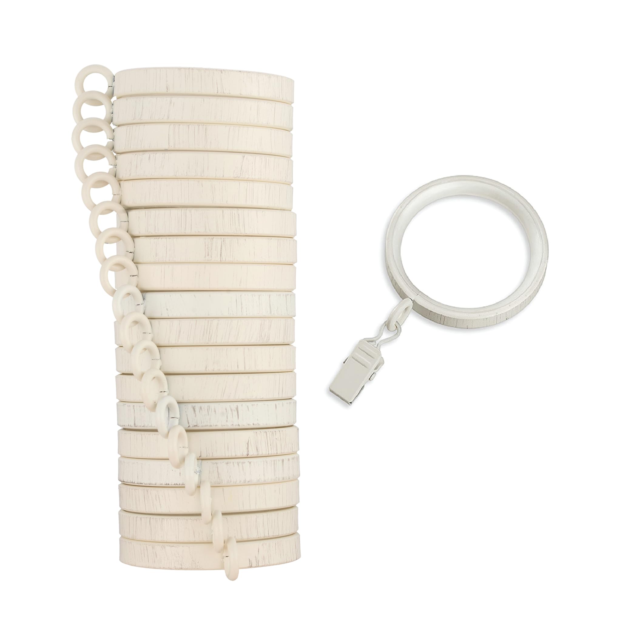 MODE Cambria Designer Series - Premium Easy Glide 18 Count Curtain Rings - Metal with Smooth, Quiet Nylon Inserts with Clips - 2 inch Diameter (1-5/8 inch Inside Diameter) - Weathered White