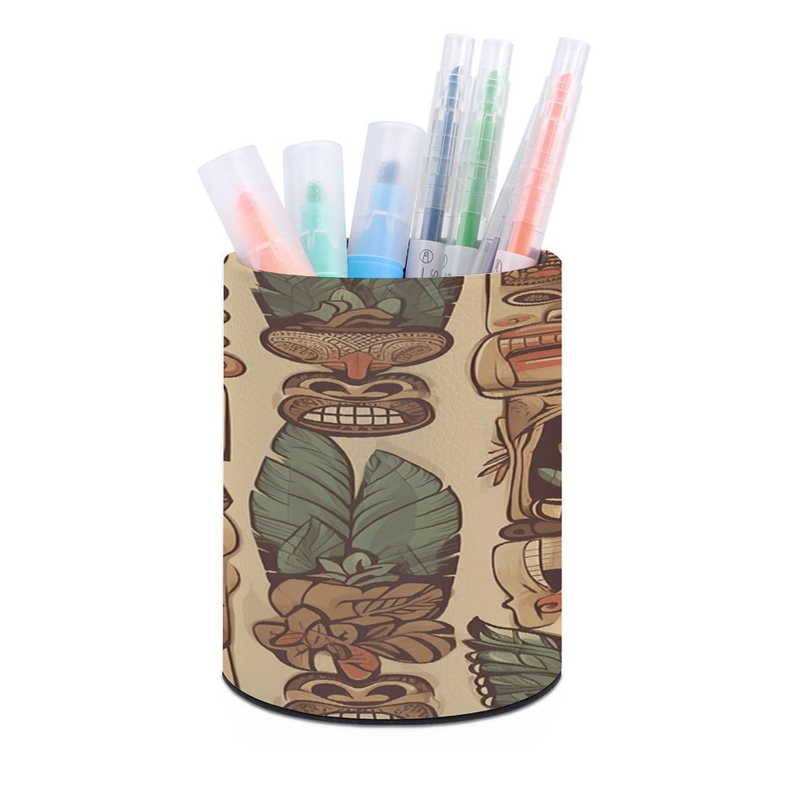 FekiLoot PU Leather Round Pen Holder Vintage Aloha Tiki Pencil Holder Desk Organizer Pen Organizer Pen Cup Pencil Cup Caddy Desktop Stationery Organizers for Office Home Supplies