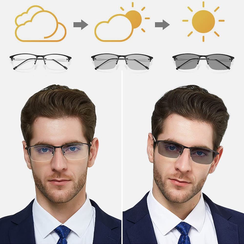 Photochrome Lesebrille Herren Progressive Multifokale Sonnenbrille Anti Blue Light Lesegeräte Metall Halber Rahmen Brille HD Computer Brille (Size : +2.50)