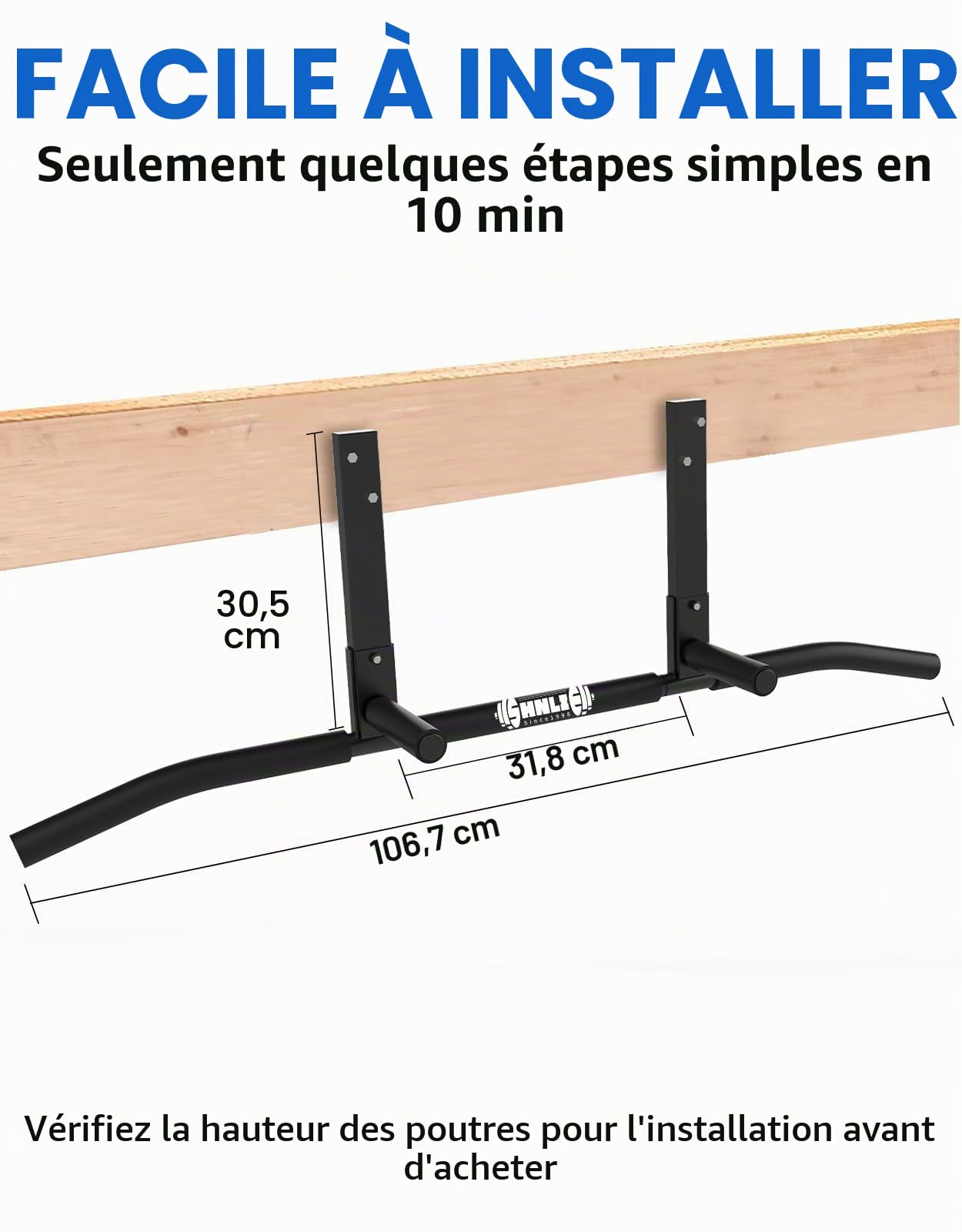 Barre de traction montée sur solive, barre de traction au plafond pour salle de sport à domicile, poutre, chevalet, installation facile, barre de 106,7 cm de large