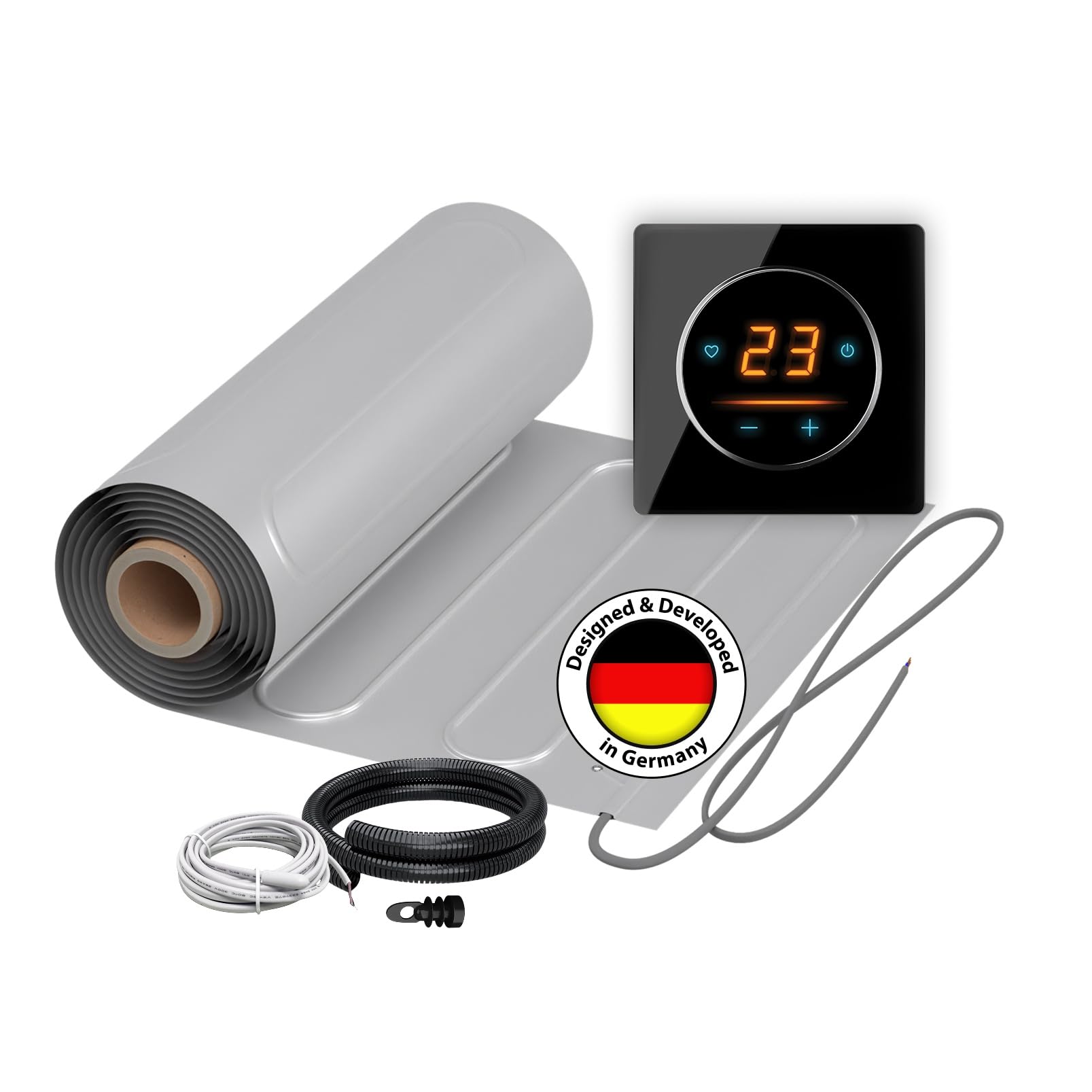 Elektrische Fußbodenheizung: Zweiader-Heizmatte mit Aluminiumfolie WARMON ALU 150 W/m² mit WiFi-Thermostat OKE-25 Touch und Glass-Abdeckrahmen, Thermostat:OKE25 Garda Schwarz, Mattengröße:4 m²