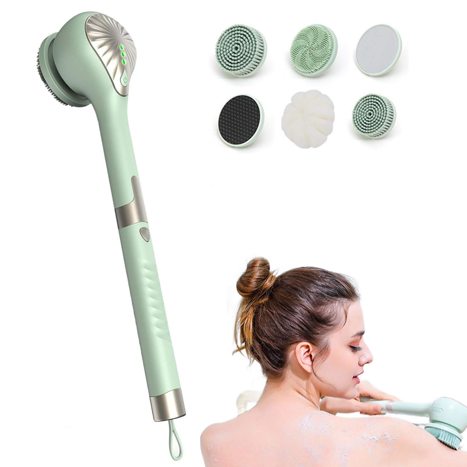Electric Body Brush Set for Showering, Back Scrubber, Rechargeable 5-in-1 Shower Brush with Long Handle & 6 Cleaning Heads, IPX6 Waterproof & 2 Speed Modes for Men Women Massage Exfoliating Wash Deep