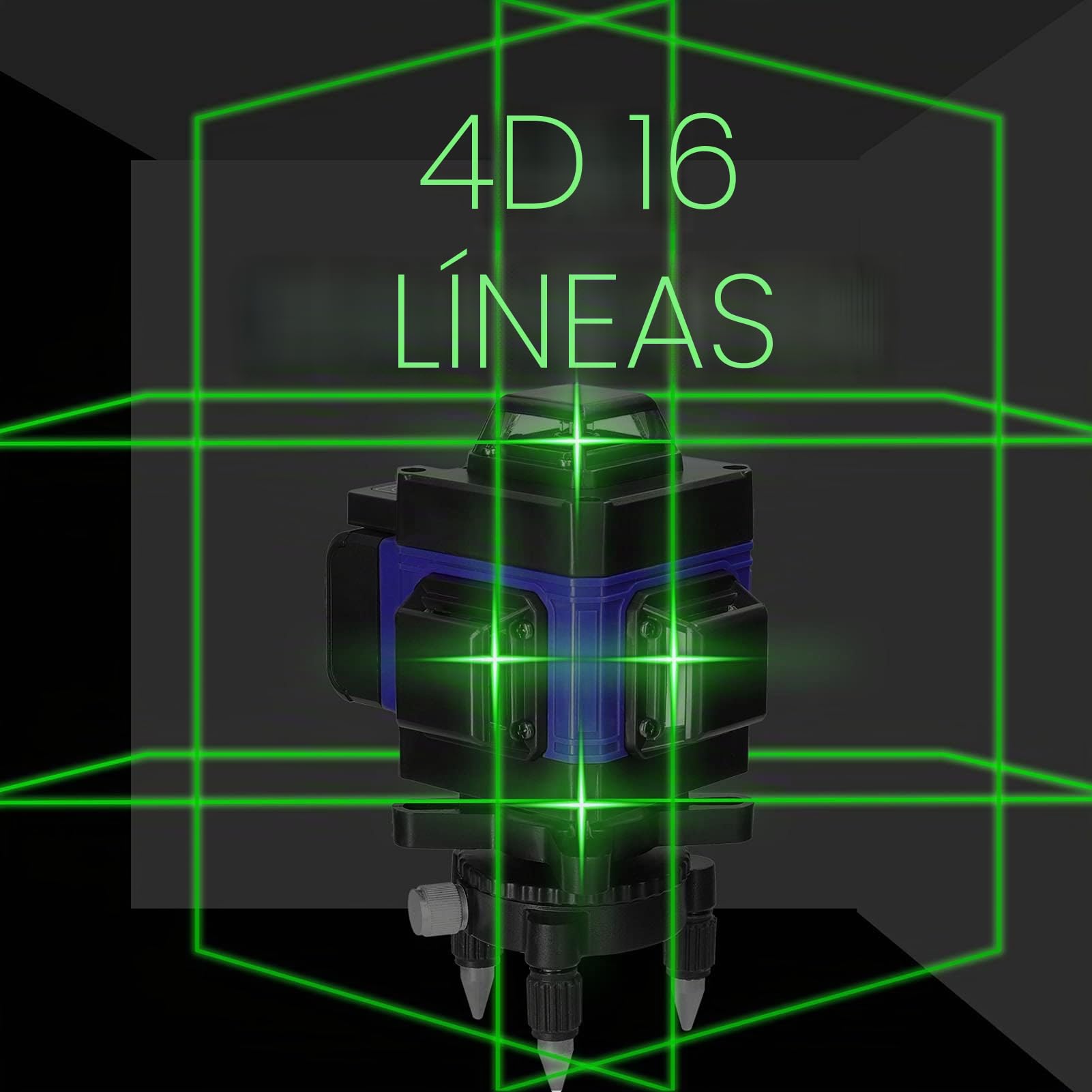 Geevorks Nivel Láser Autonivelante 3°,4D 16 Líneas Laser Nivel Verde 2 Batería Recargable,Base de Rotación y Soporte Montado,Control Remoto y Control Móvil (Azul, con Trípode)