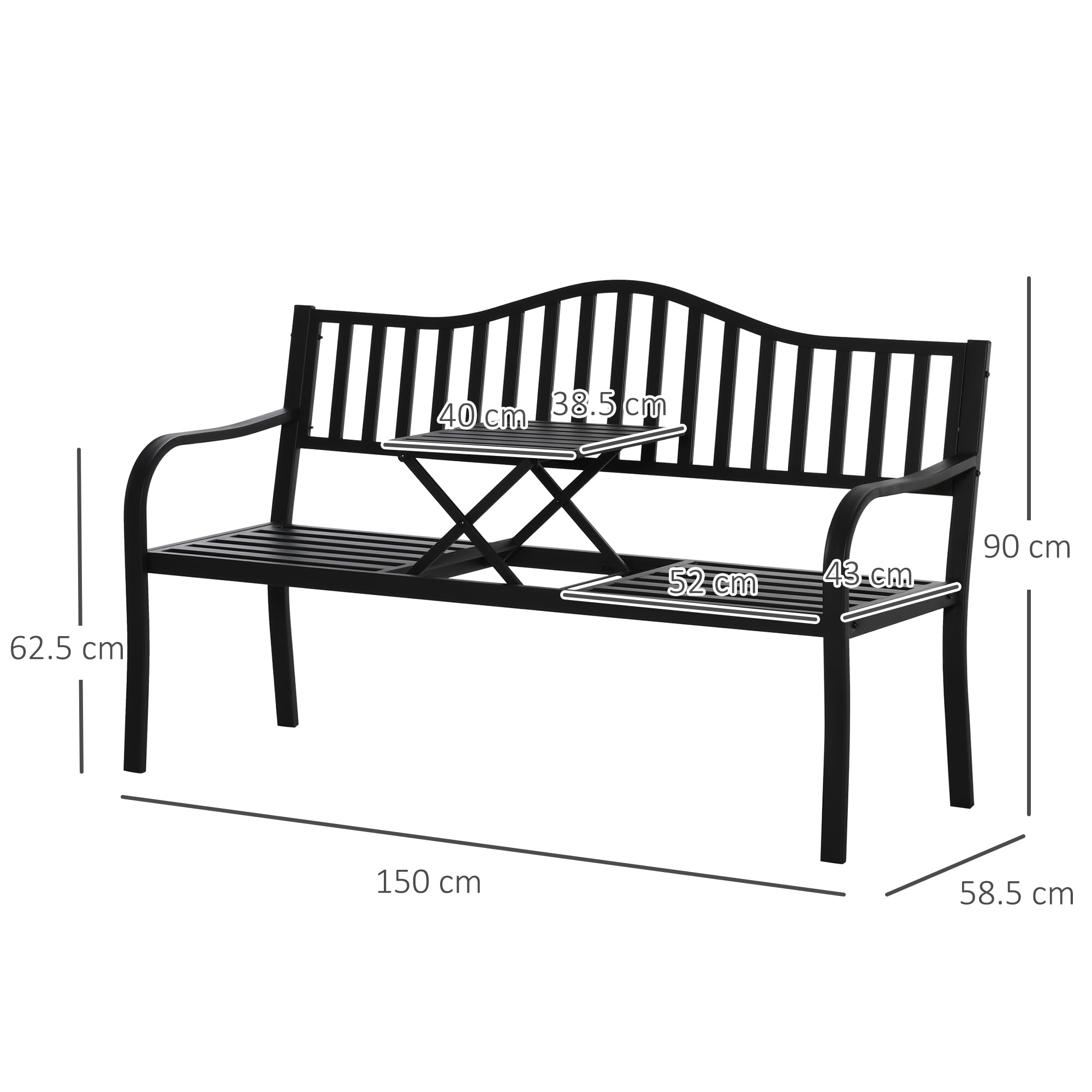 Outsunny Panchina da Giardino a 2-3 Posti in Metallo, Panchina da Esterno con Tavolino Sollevabile, Schienale a Doghe e Braccioli, per Balcone Esterno e Patio, 150x58.5x90 cm, Nero