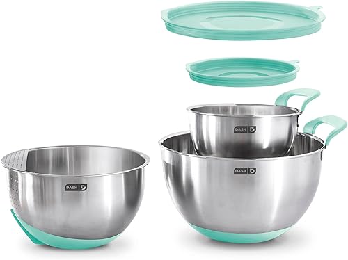 DASH Tazones para mezclar de acero inoxidable con tapas, base antideslizante de silicona con líneas de medición y colador, juego de 3 tazones - 1.5