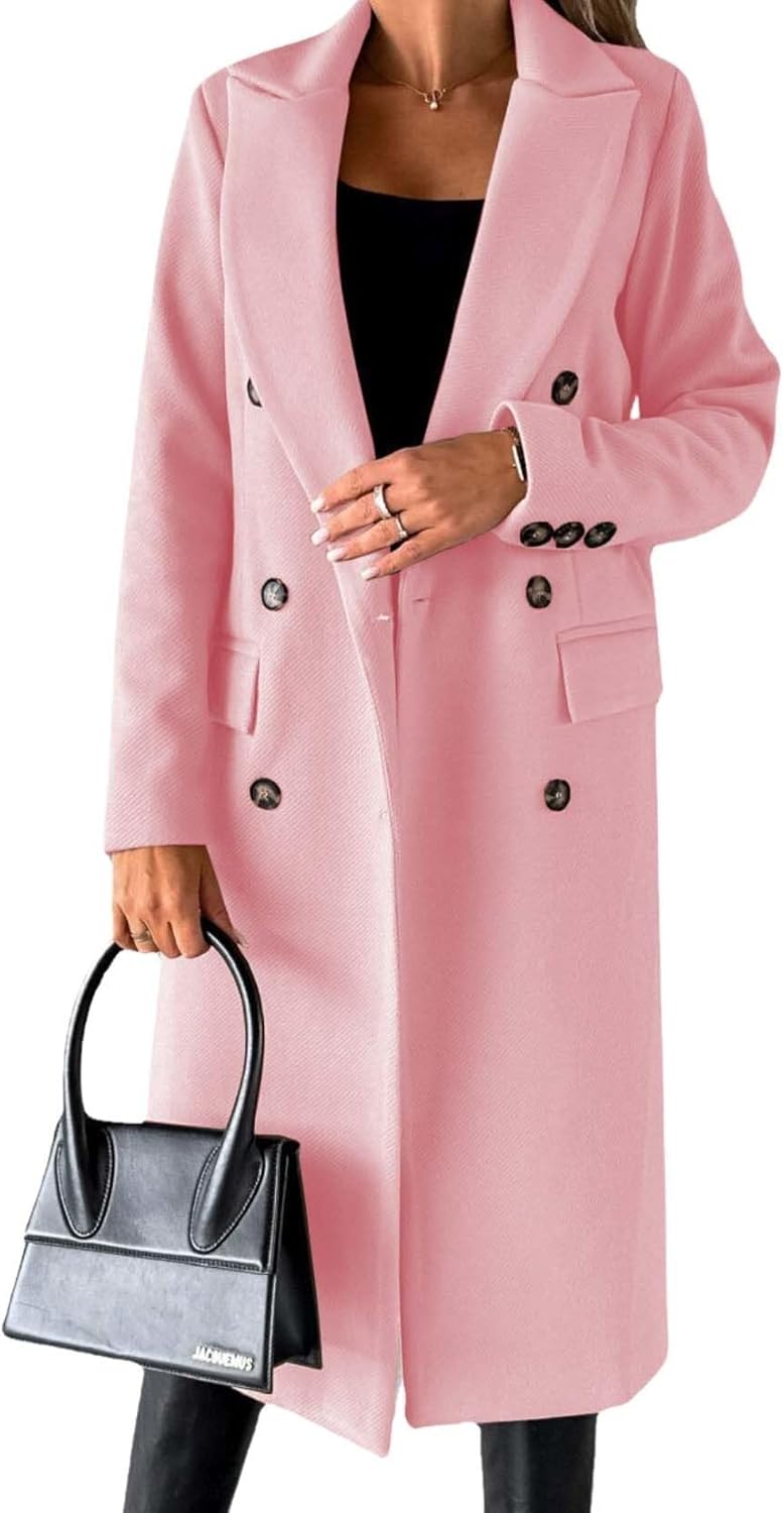 Womens Solid Color Double Breasted Medium Length Slim Coat Winter Casual Lapel Wool Jacket Coat