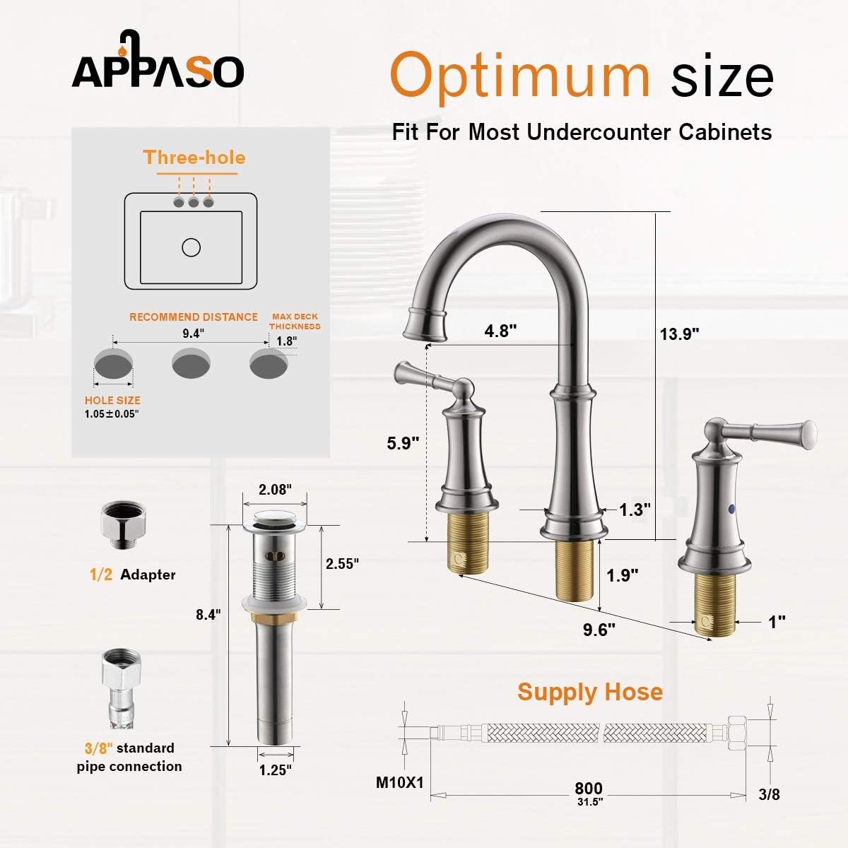 Uр Tо 40% оƒƒ APPASO 3-Hole Bathroom Sink Faucet Widespread Brushed Nickel, Solid Brass 2 Handle Lavatory Vessel Faucets with Pop Up Drain Assembly and Soap Dispenser