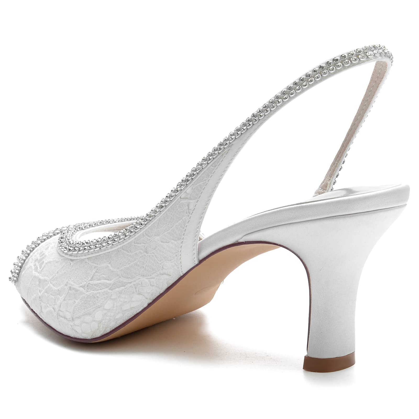 Sandali Donna in Pizzo Slingback Avorio Scarpe da Sposa Open Toe Tacco Medio con Bordo in Strass Elegante Calzature Cerimonia e Gala