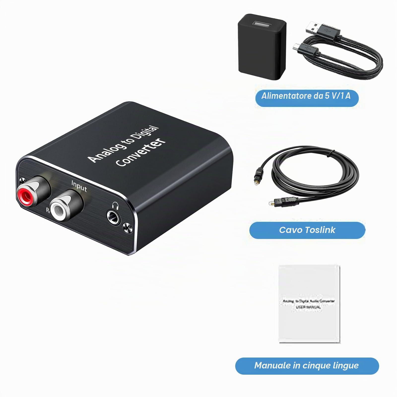 AMANKA Analogico ad Digitale Audio Convertitore Adattatore, ADC da RCA 3,5 mm a Coaxial Toslink con Cavo e Power Adapter per TV DVD Blu-Ray PS3 PS4 Xbox, Alluminio