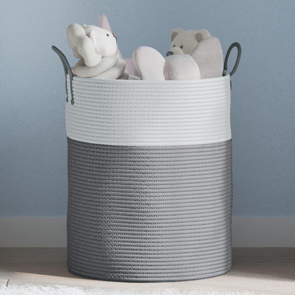 Aufbewahrungskorb Grau Weiß aus Baumwolle Ø38x46 cm geflochten, faltbar mit Griffen, vielseitig für Wäsche Spielzeug Kleidung, robust und atmungsaktiv für Wohnzimmer Schlafzimmer Bad