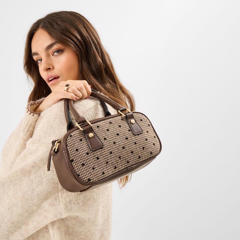 Image of Accessorize London Women's Brown Heart Houndstooth Bowler Bag