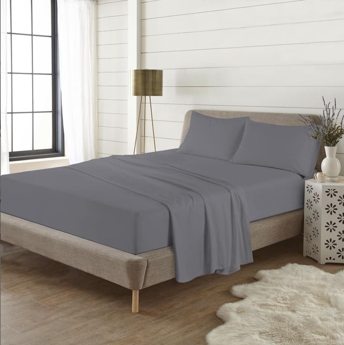 Extra Deep 40cm Fitted Sheet – 100% Brushed Cotton Flannelette | Super Soft, Warm & Cosy Thermal Bed Sheet, (Plain Dyed) (Grey, 4FT Double)