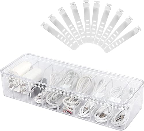 Songaa Caja organizadora de electrónica transparente con 10 bridas de cables, caja de gestión de cables de escritorio con tapa, estuche organizador