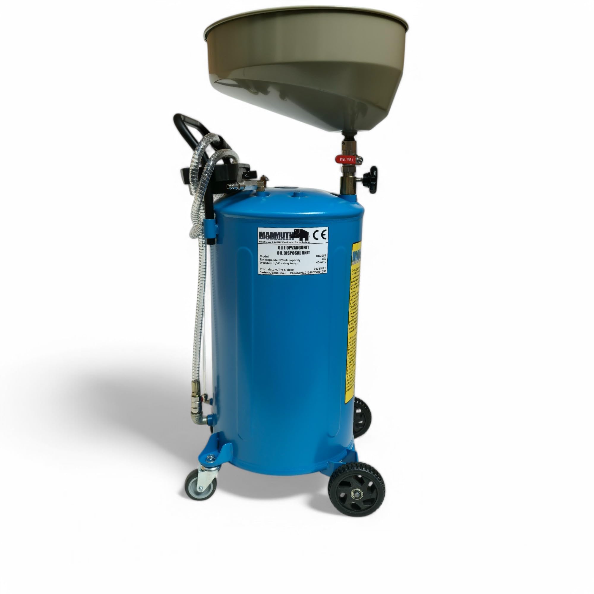 DeTec. Depósito colector de 65 l con embudo de altura ajustable para recoger aceite usado, carro de recogida de aceite enrollable, dispositivo de drenaje de aceite para coche, neumático, altura máxima