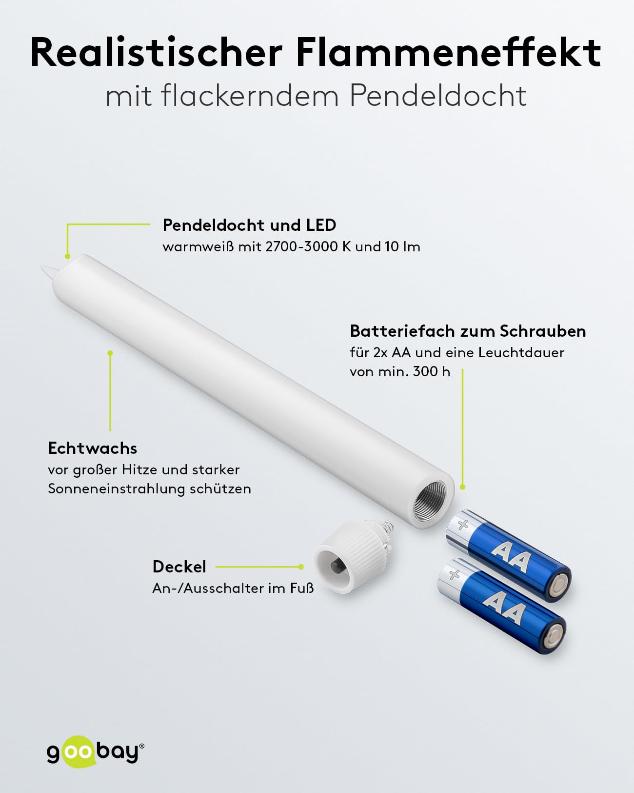 Goobay 49867-5 candele a LED in vera cera, senza fili, con telecomando, timer, colore: Bianco