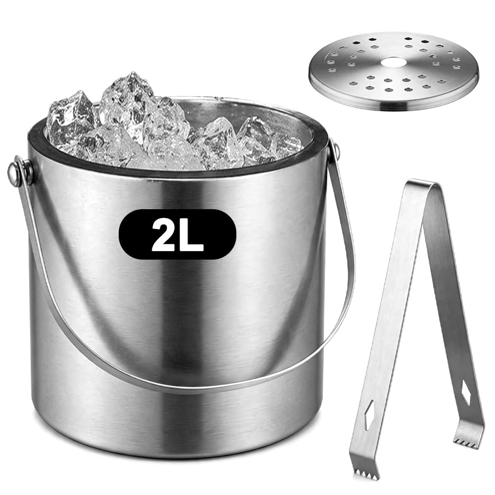 Edelstahl Eiswürfelbehälter mit Deckel, 2L Eiskübel mit Deckel, Eisbehälter mit Sieb und Eiszange, Eiswürfelbehälter Edelstahl, Tragbar Eiskühler für Kühlen von Bier, Champagner und Wein
