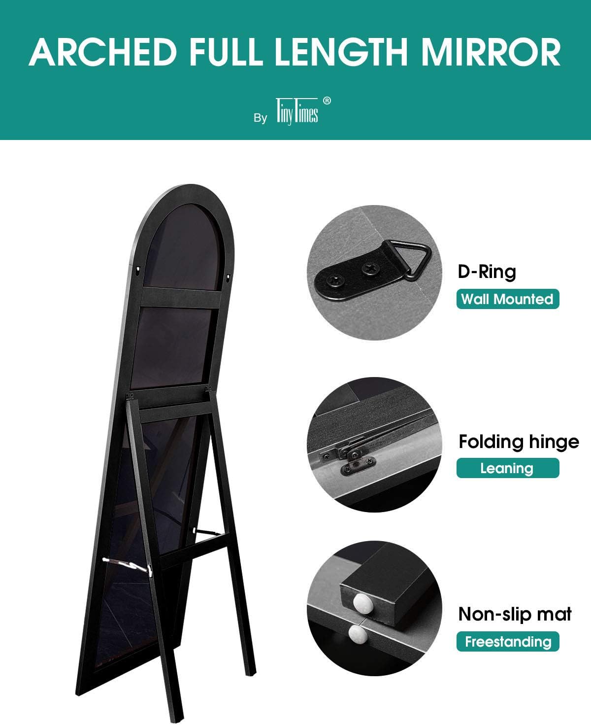 TinyTimes 65''x22'' Arched Full Length Mirror, Floor Mirror with Stand, Full Body Mirror, Arched Wall Mirror, Modern & Contemporary Full Length Mirror with Wood Frame - Black