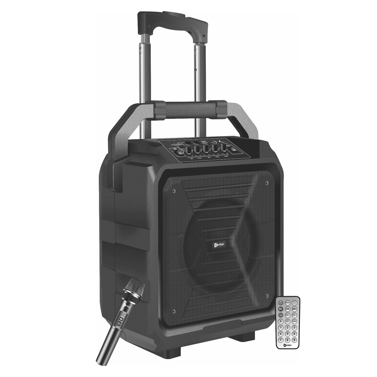 enter go bassquake trolley karaoke party speaker, 50w, 8" woofer, bluetooth, wireless mic, dj lights, black