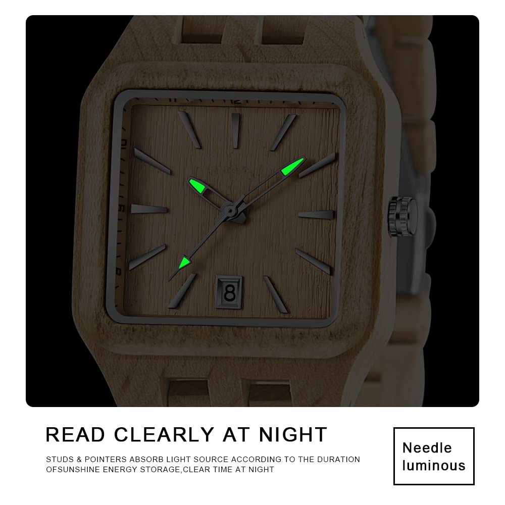 Tiong Reloj de madera para hombre, rectangular, cuarzo, clásico, de madera, analógico, cuarzo, para hombre, calendario, relojes de madera para hombre, Wq1008-marrón claro, Retro