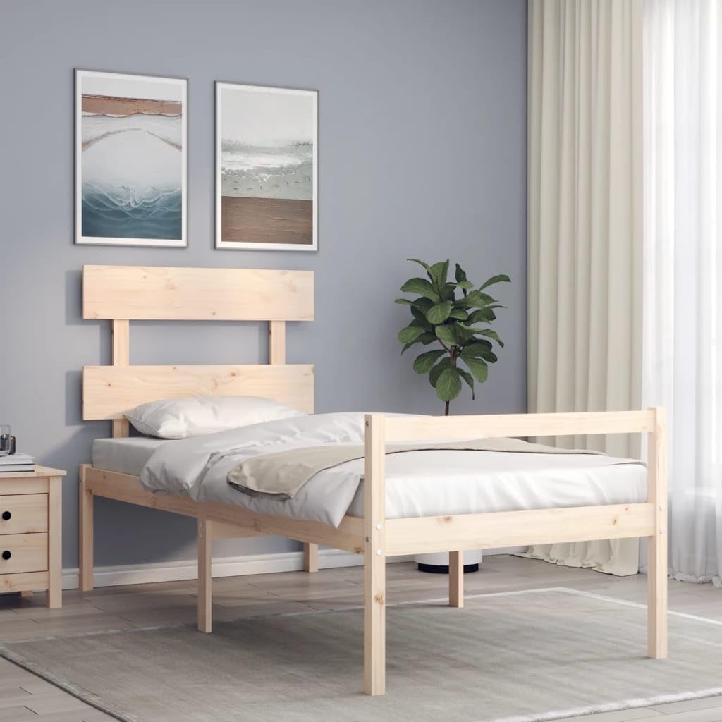 Massiv Kiefernholz Seniorengerecht Sitzhöhe 45 cm Braun 75 x 190 cm | Seniorenbett mit Kopfteil Massivholz Kiefer 80x195 cm Sitzhöhe 45 cm hohe Stauraum Bettgestell