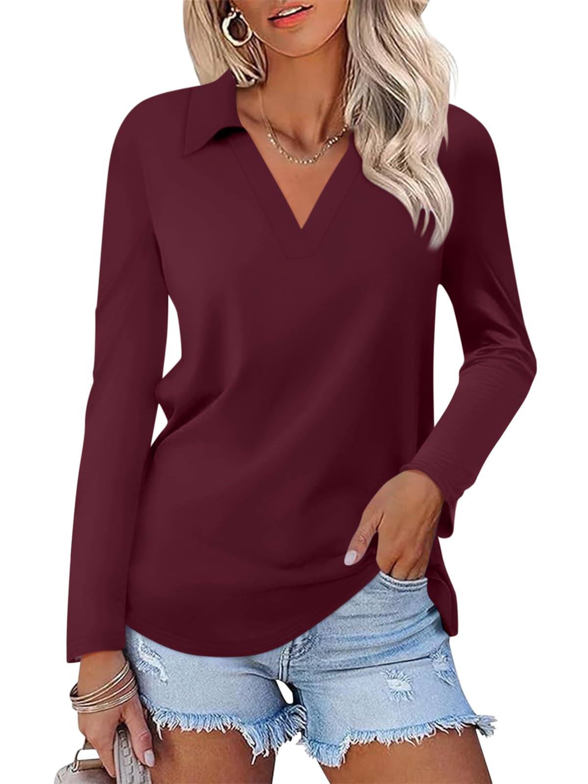 TICTICMISS Women's Long Sleeve Shirts V Neck Tunic Tops Dressy Casual Basic Tees Blouse Loose Collar Polos