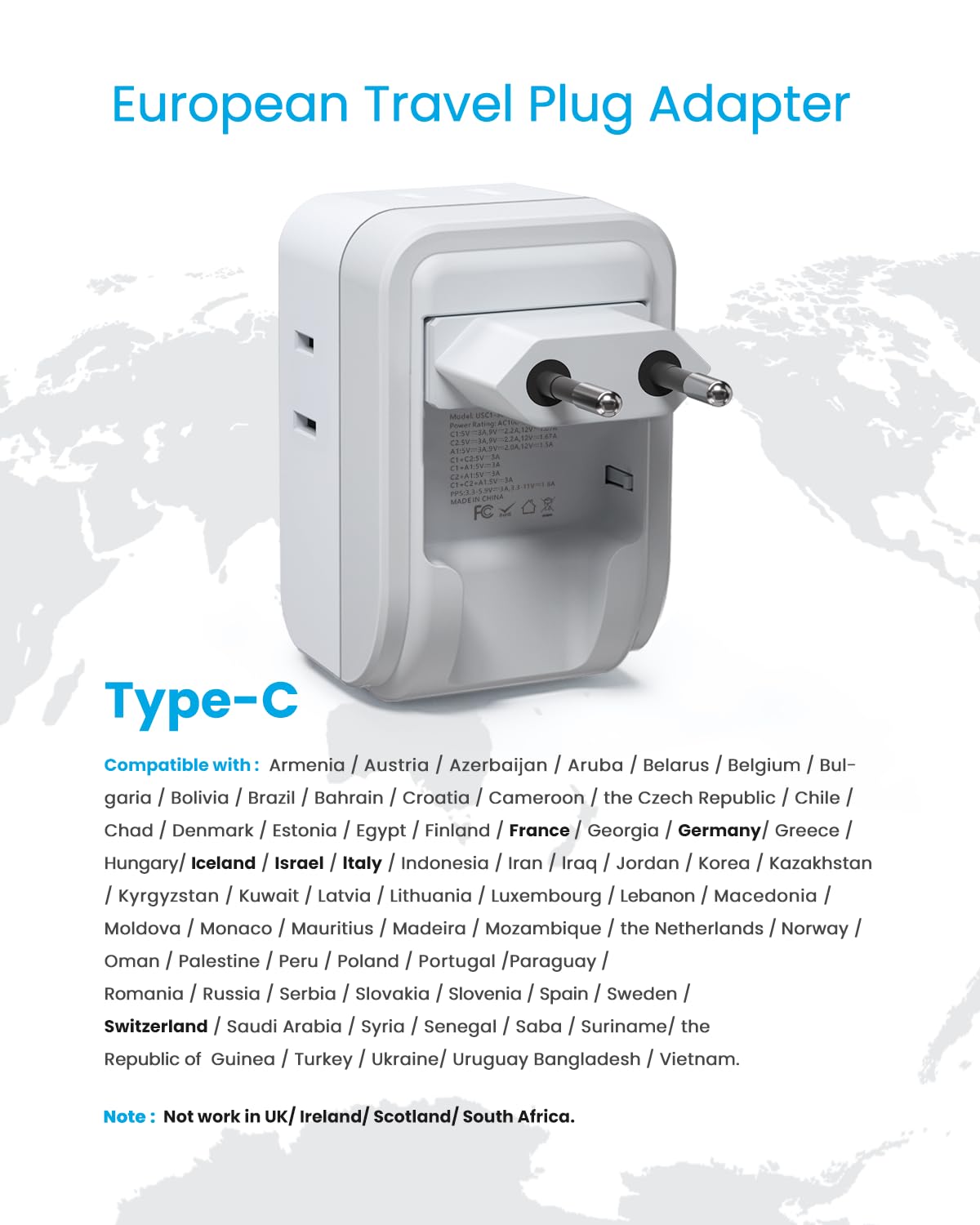 2 Pack European Travel Plug Adapter VINTAR PD 20W Foldable Type C Adapter with 4 AC Outlets 3 — view 5