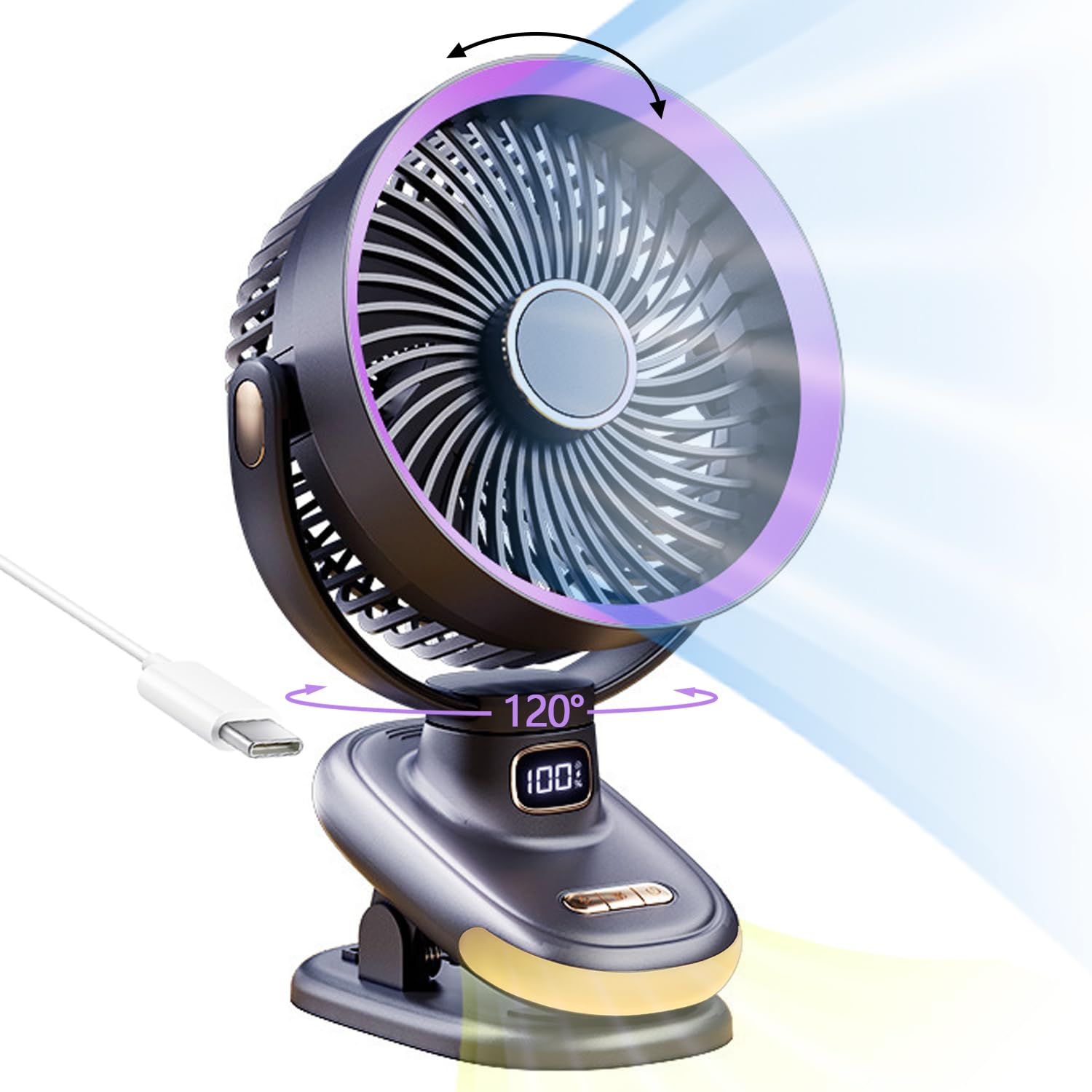 Auto Rotating Oscillating Fan for Bedroom,Portable USB Rechargeable Desk Fans Small Quiet, 5 Speed Mini Table Fan for Office,Clip on Fan for Bed,