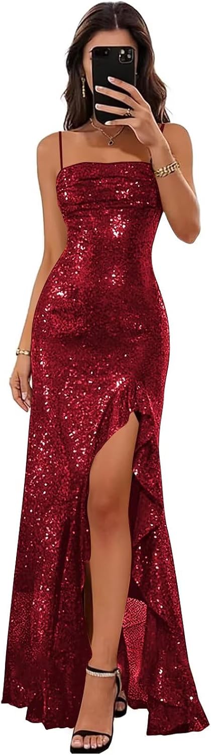 Spaghetti Straps Prom Dresses Long Glitter Sequin Formal Evening Party Dresses with Slit