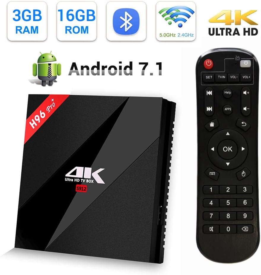H96 PRO+ Android 7.1 TV Box ,3GB RAM 16GB ROM Amlogic 64 bit Octo-core 4K Ultra HD TV Box ,Supports 2.4G/5G Dual Wifi 1000M LAN Ethernet Bluetooth 4.1