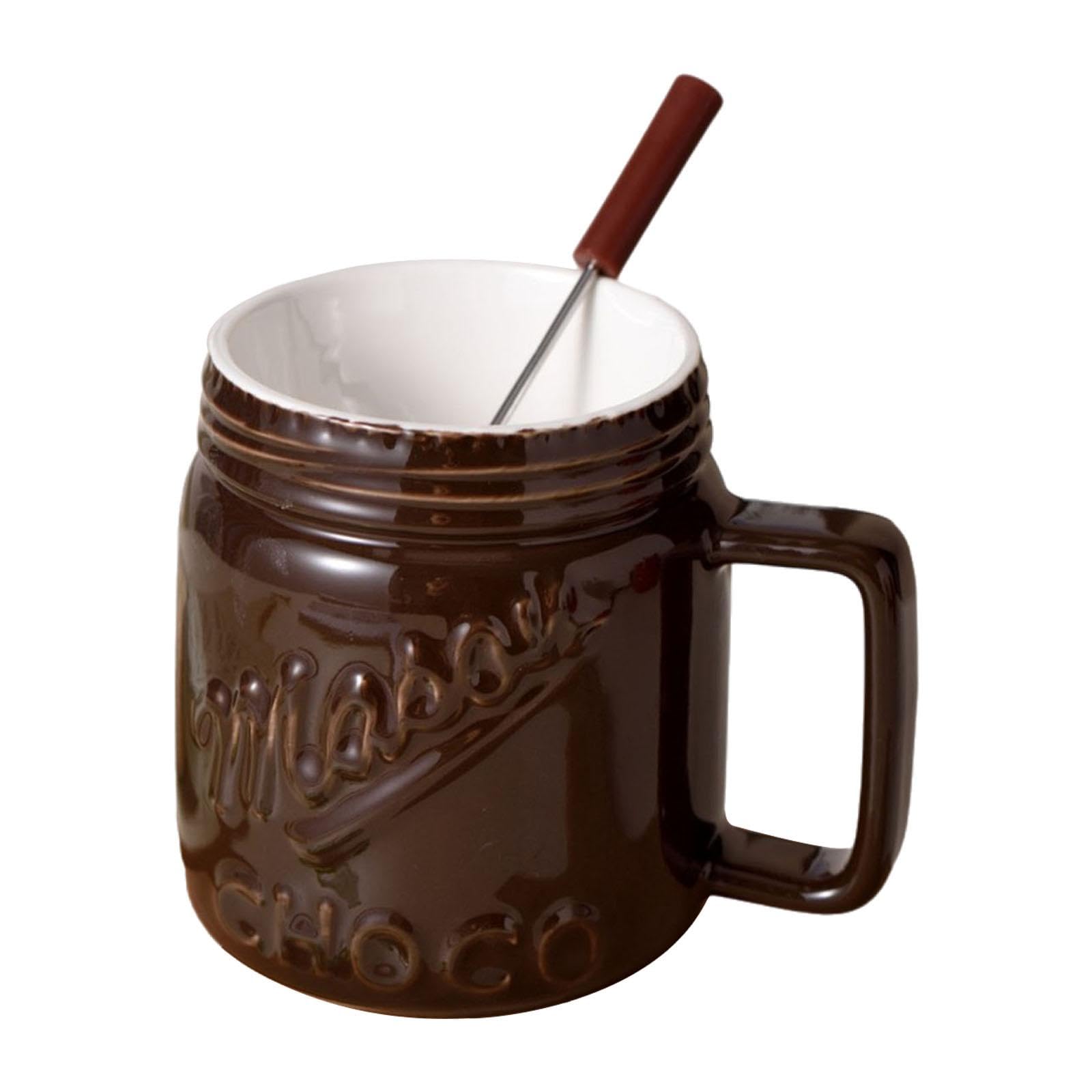 Chocolate Fondue Mug with Fork Sweet Fondue Cup for Cheese Caramel Candy Butter Chocolate for Wedding Camping, Brown
