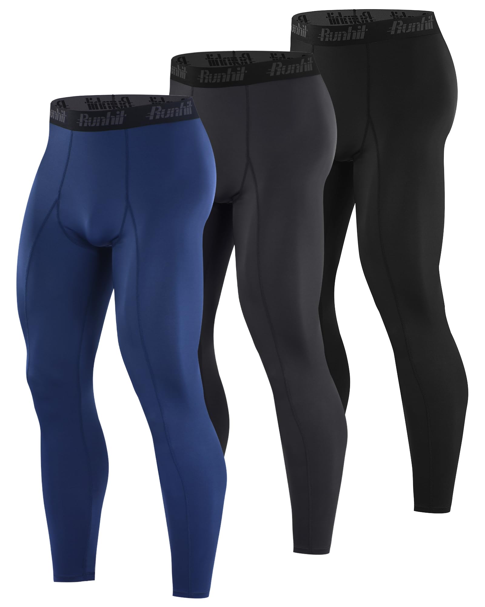 Runhit Paquete de 3 pantalones de compresión para hombre, mallas para correr, entrenamiento, pantalones atléticos de capa base